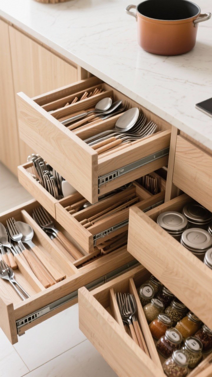 Overhead open-drawer shot showing a fully organized system: customizable wooden dividers for utensils and baking tools, a tiered cutlery tray stacking short and long utensils, a deep drawer with side rails and file-style separators for lids next to pots, and a spice drawer insert with angled labeled jars; pale oak drawer boxes, soft diffused daylight, precise, grid-like composition