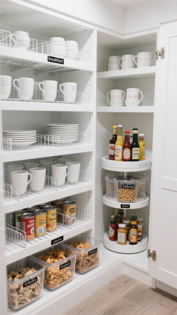 Overhead shot of an organized pantry cabinet: white shelf risers doubling space for mugs, plates, and canned goods; a lazy Susan in a corner holding oils, sauces, and condiments; clear labeled bins creating zones like “breakfast,” “baking,” and “snacks”; cool neutral palette with transparent acrylic, white shelving, and simple black-on-white labels; bright, even lighting for a grocery-store tidy look.