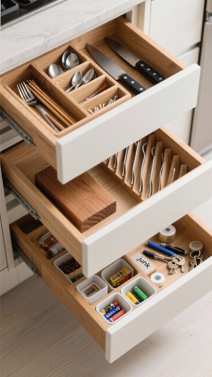 Overhead shot of open kitchen drawers with inserts: a utensil drawer featuring tiered trays for forks, knives, spoons, and narrow slots for chopsticks and reusable straws; a knife drawer with an in-drawer wood block; a spice drawer with angled racks showing readable labels; and a “junk” drawer tamed with small bins for batteries, tape, pens, and spare keys. Natural wood drawer interiors, precise organization, soft top-down illumination.