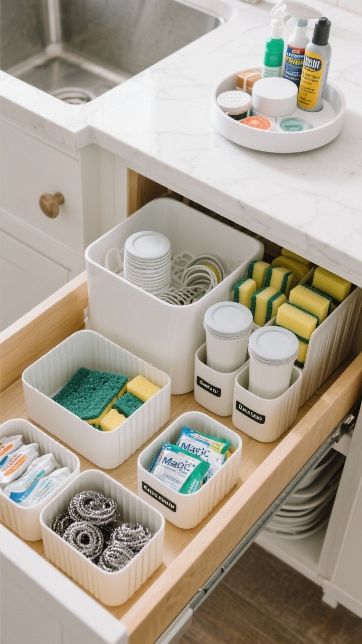 Overhead shot of small-item organization: modular caddies and lidded cups corralling dish tabs and scrub pads to keep them dry; a bin dedicated to magic erasers; a mini lazy Susan in the back-right corner holding polishes and specialty cleaners for easy spin access; drawer dividers inside bins separate tabs from steel wool; bold, high-contrast labels; bright, even lighting to reduce shadows and highlight order.