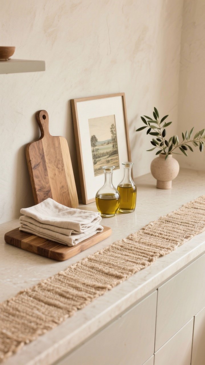 Overhead styled vignette on a beige countertop capturing curated warmth, not clutter: a wood cutting board stack, folded linen napkins, a pair of pretty oil decanters, a slim-frame vintage landscape leaning against a putty wall, and a small vase of olive branches; nearby runner in natural fiber peeks in at frame edge; limit to two styled moments per counter run; soft daylight, serene mood; photorealistic.