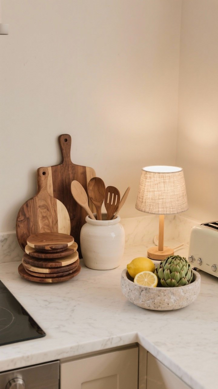 Overhead styling shot: curated beige kitchen counter with breathing room—stack of warm wood cutting boards (round and rectangular), an off-white ceramic crock filled with wooden utensils, a shallow stone/marble bowl with lemons and artichokes for quiet color, and a small fabric-shaded mini lamp glowing softly; toaster hidden, negative space preserved.