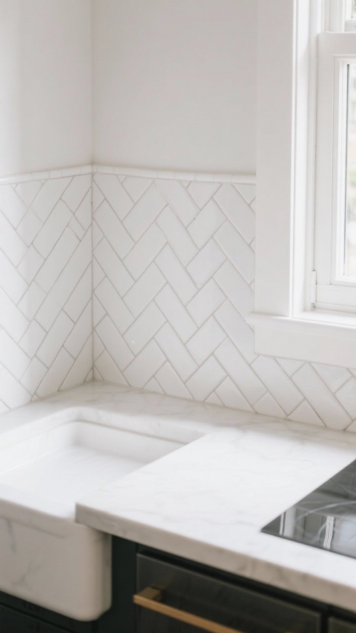 Overhead-to-straight hybrid shot: A backsplash of slim rectangular tiles laid in a precise herringbone pattern, color-matched grout for a subtle, designer look; pattern wraps cleanly around a window return for a thoughtful detail, simple white tiles create movement and visual rhythm under even, natural daylight.
