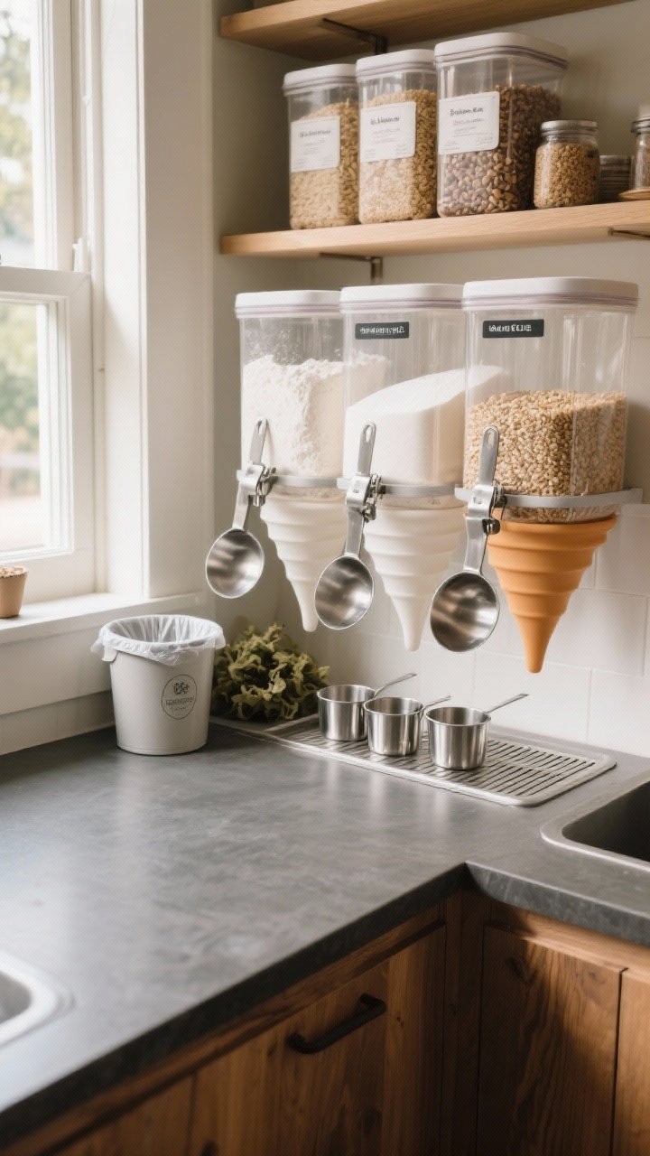 Overhead view of a compact refill station on a matte wood counter: collapsible silicone funnels, metal scoops clipped to large clear containers of flour, sugar, and grains, dedicated stainless steel measuring cups in the baking zone; a labeled backstock bin up high for unopened duplicates; a small compost pail and mini trash bin nearby; natural morning light from the left, highlighting the texture of grains and the clean utility of the tools; calm, methodical atmosphere.