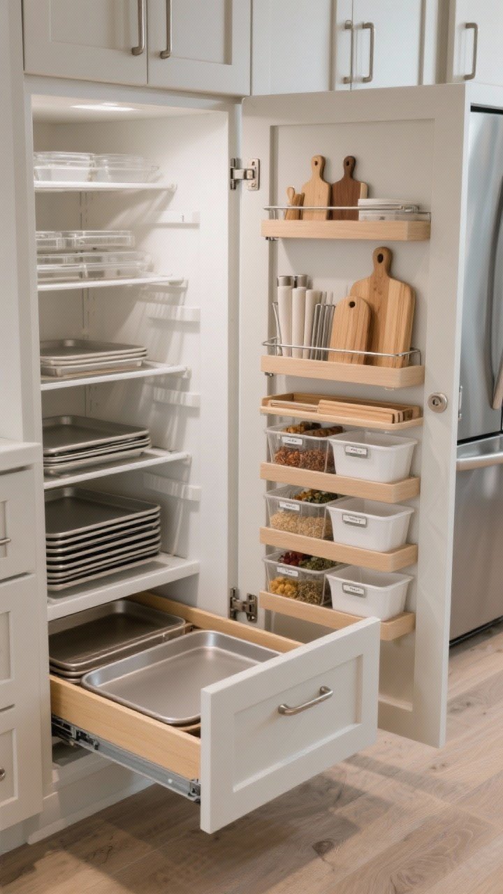 Photorealistic closeup detail inside cabinetry: toe-kick drawer open with sheet pans stored flat, a pull-out pantry beside the fridge with narrow but tall shelves, a blind corner unit with swing-out shelves fully extended, and vertical dividers neatly organizing cutting boards and trays; stackable bins with clear labels and cabinet door racks for wraps and spices; soft-close hardware mid-motion