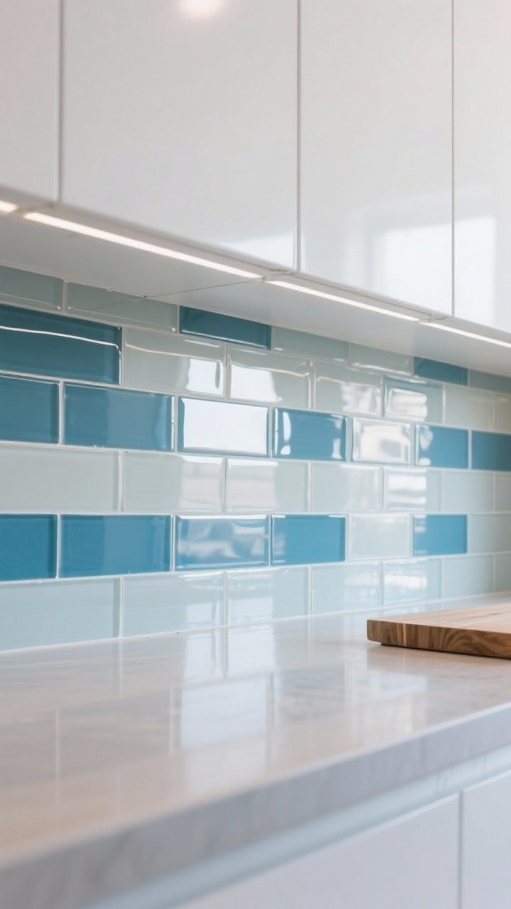 Photorealistic closeup detail of a glossy glass tile backsplash behind white cabinets, capturing the light-reflective shimmer; tiles in icy blue transitioning to pale gray/white, rectified edges for a sleek modern finish; careful thinset color matched beneath glass; balanced with a matte countertop or small natural wood accent on the counter; bright, clean under-cabinet lighting producing subtle reflections; angled macro perspective; no people.
