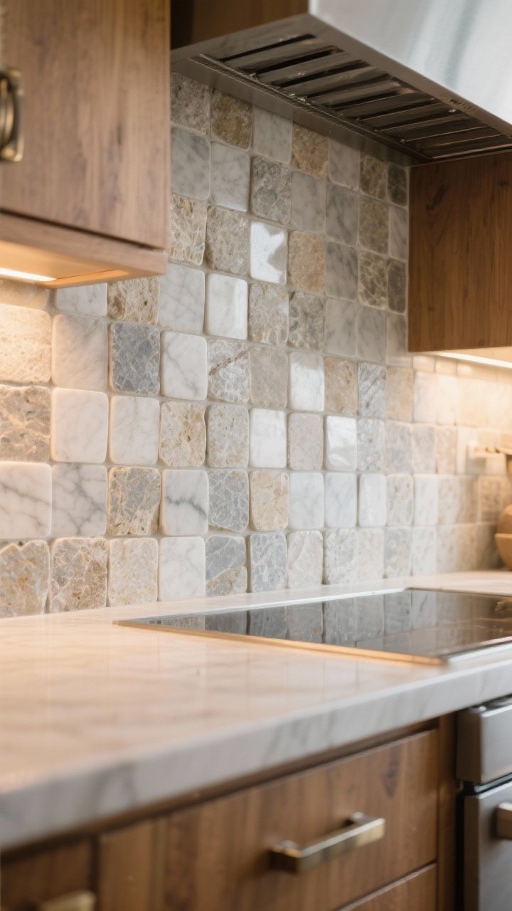 Photorealistic closeup detail of a natural stone mosaic backsplash: tumbled stone or small-format marble squares with soft, matte, honed finishes; subtle tonal variation and gentle texture that pair with warm wood cabinetry and mixed metal hardware; sealed surface with low sheen; warm, indirect lighting accentuating the stone’s depth; tight framing to showcase individual tiles, grout, and organic edges.