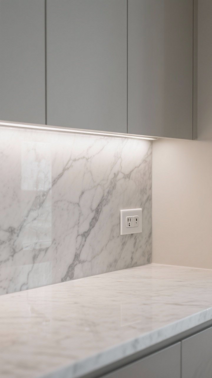 Photorealistic closeup detail of a short honed marble slab backsplash, 6 inches high, with soft gray veining; the wall above is painted in a perfectly color-matched greige tone pulled from a vein in the stone. Include a discreet bead of clear sealer sheen on the marble surface and a sleek outlet cutout. Gentle side lighting accentuates the honed texture without glare, elevated and minimal.