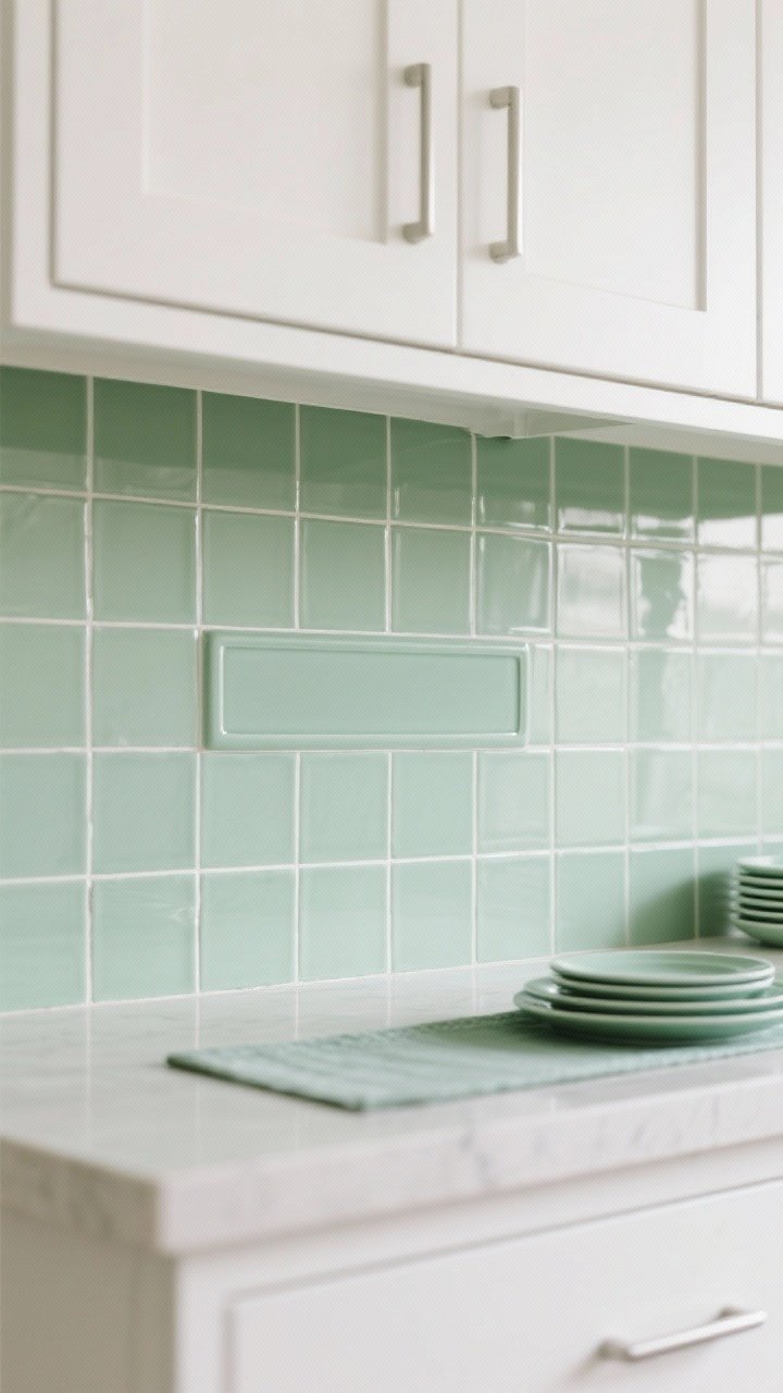 Photorealistic closeup detail of a simple tile shape (classic rectangle) in a soft sage green set behind white cabinets; refined look with white or color-matched grout; neutral counters and decor so the color pop leads; a glimpse of a runner or dishware in a repeating sage hue for harmony; soft even daylight showing how the hue shifts slightly; straight-on macro framing of tile joints and surface; no people.
