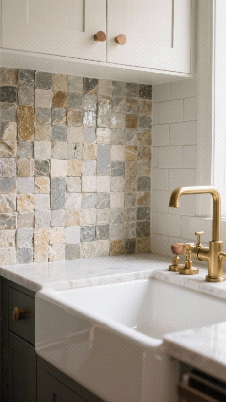 Photorealistic closeup detail of a small area above a kitchen sink featuring natural stone mosaic sheets in a tumbled/honed finish, sealed for protection; subtle color variation and texture feel artisanal; the adjacent field tile is simple and budget-friendly; brass faucet and a few wood/brass accents echo the stone’s tones; soft daylight reflecting off the honed surface