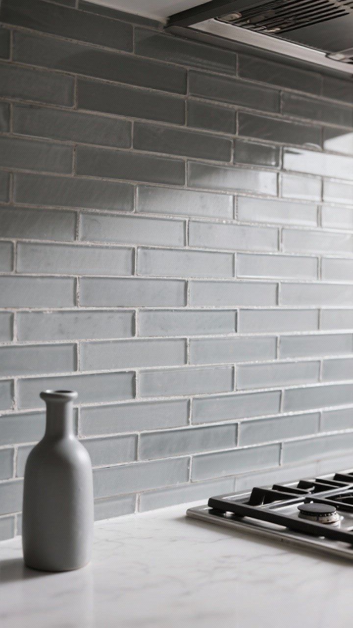 Photorealistic closeup detail of a tone-on-tone linear mosaic backsplash in layered grays, larger-format slim horizontal pieces to reduce grout busyness; matte/honed finishes only; soft, raking side light to emphasize the linear movement; a small portion of a range edge visible to suggest a backsplash-only accent; minimalist styling with a single gray ceramic oil bottle; tight crop focusing on the calm horizontal flow.