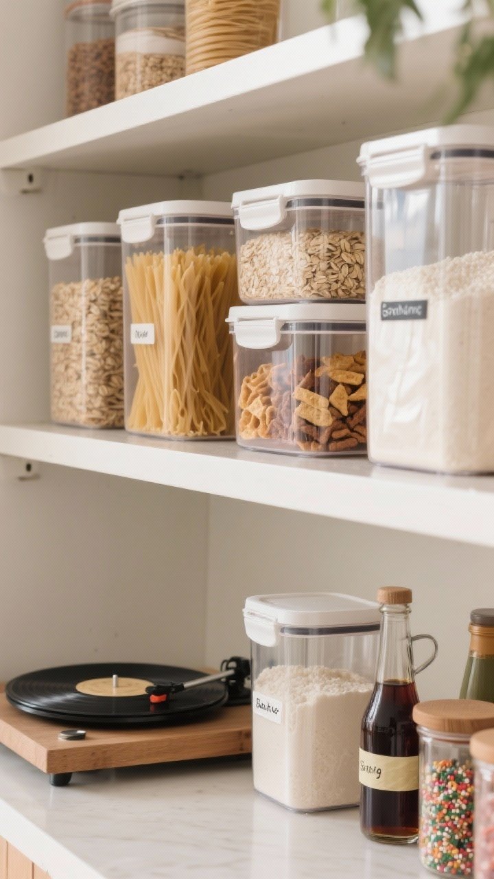 Photorealistic closeup detail of decanted pantry goods on a shelf: airtight clear containers filled with rice, pasta, oats, and flour; snacks grouped in uniform clear bins by type (salty, sweet, grab-and-go); baking supplies in matching canisters nearby with a small turntable holding syrups, extracts, and sprinkles. Simple labeler or painter’s tape labels visible, soft natural light, functional over fancy vibe.