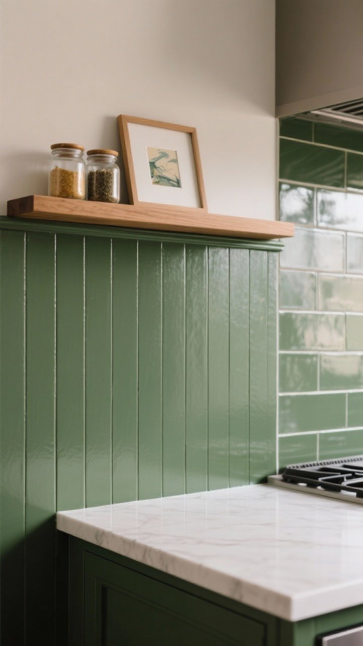 Photorealistic closeup detail of moisture-resistant beadboard backsplash painted in a color-drenched satin enamel, deep olive green. Show taller height (about 20 inches) rising behind the counter, capped with a slim wood ledge holding small spice jars and a tiny framed print. Light is soft and directional to reveal the satin sheen and beadboard grooves. Include a hint of nearby tile behind the range as a secondary material for practicality.