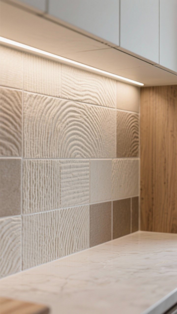 Photorealistic closeup detail of textured neutral tiles: ribbed/fluted/linen-effect ceramic in cream/taupe/warm gray with matched grout so the texture is the star; under-cabinet lighting washing across the surface to highlight dimension; calm, quiet-luxury mood with adjacent natural wood and stone hints; tight crop showing the relief pattern and soft shadows; no visible people or clutter.
