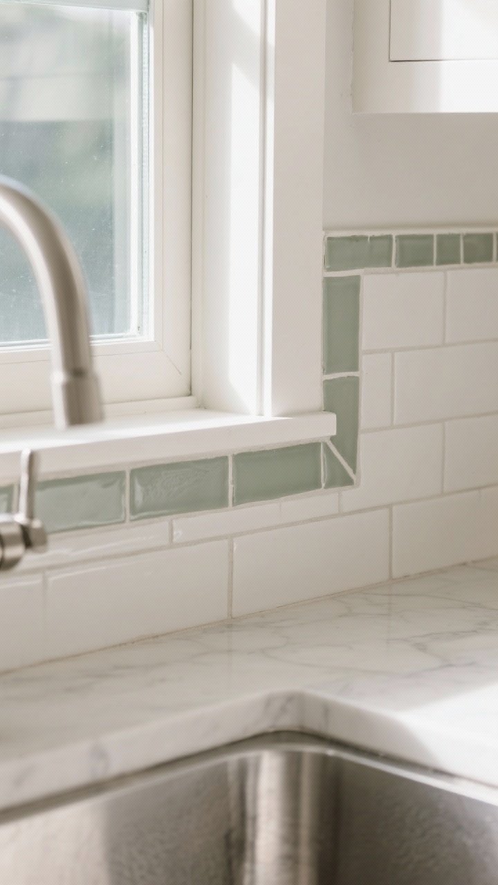 Photorealistic closeup detail of tile wrapping into a kitchen window return above the sink: matching bullnose/trim pieces finish the inner edges cleanly; grout lines align seamlessly and caulk color matches the grout for an uninterrupted look; natural daylight streams through the window highlighting the precise corners; water-prone drywall eliminated for a cohesive, custom feel