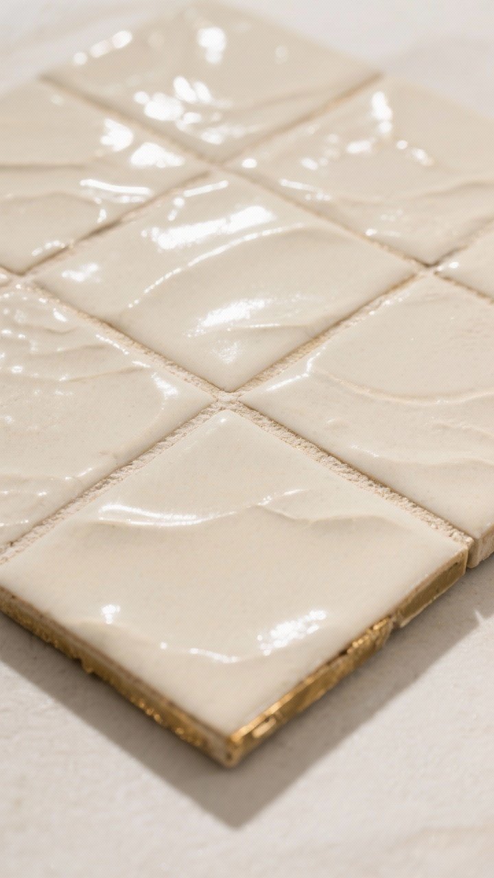 Photorealistic closeup detail of zellige-style tiles in a single soft cream tone, 4x4 size, showing glossy, perfectly imperfect glaze with subtle undulation and handmade variation. Grout is closely color-matched for a seamless look, with a slim brushed brass metal trim finishing the raw edge. Capture reflected light shimmering across the uneven surface; no other decor, just the tile plane filling the frame.