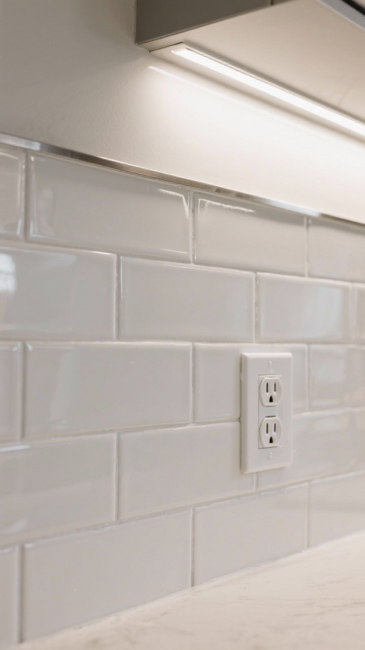 Photorealistic closeup detail shot of thick gel-faced peel-and-stick subway tiles applied to a clean, degreased wall; a slim brushed metal edge trim finishes the end for a professional look; crisp utility-knife cuts around a white outlet plate; subtle texture and shine mimic real tile; neutral, bright task lighting from under-cabinet LEDs; no visible bubbles or seams