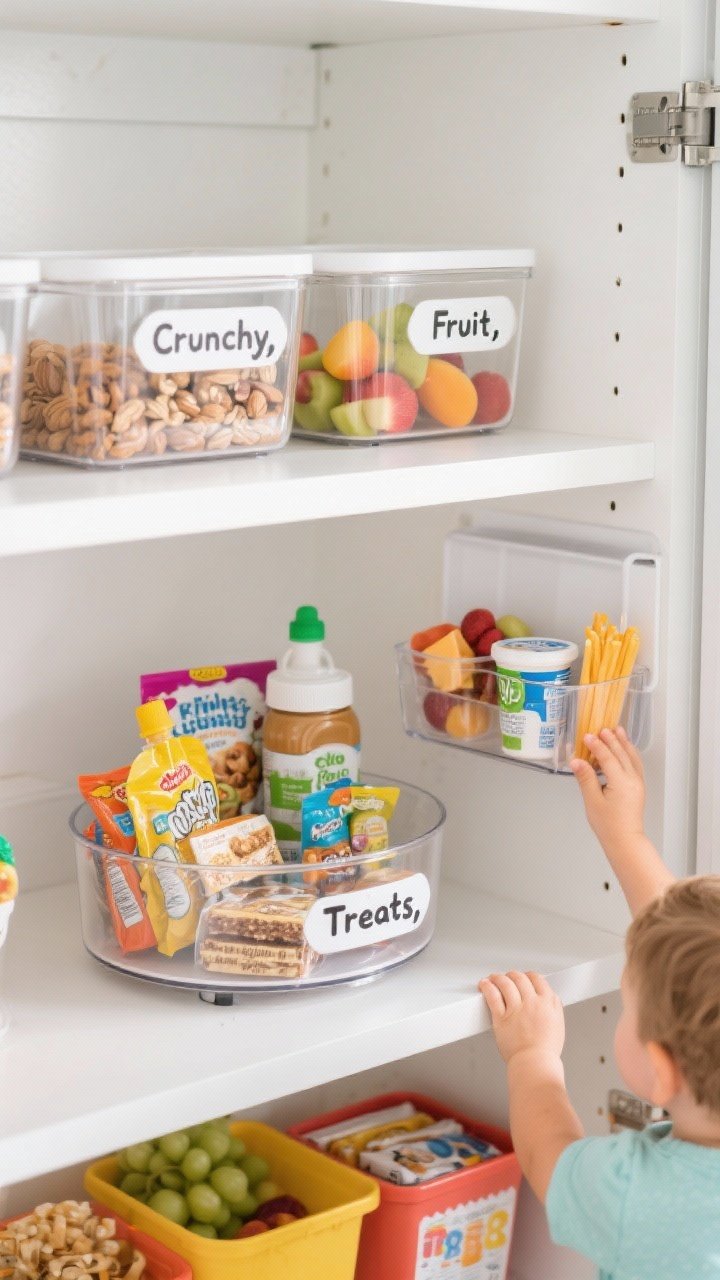 Photorealistic closeup, eye-level, of a kid-accessible snack station inside a pantry: clear bins labeled “Crunchy,” “Fruit,” and “Treats,” a mini lazy Susan with nut butters, bars, and squeeze pouches, and a fridge caddy nearby with prepped fruit cups, cheese sticks, and yogurts at child height. Crisp labels, bright, cheerful color pops from packaging, clean white shelving, bright even lighting.