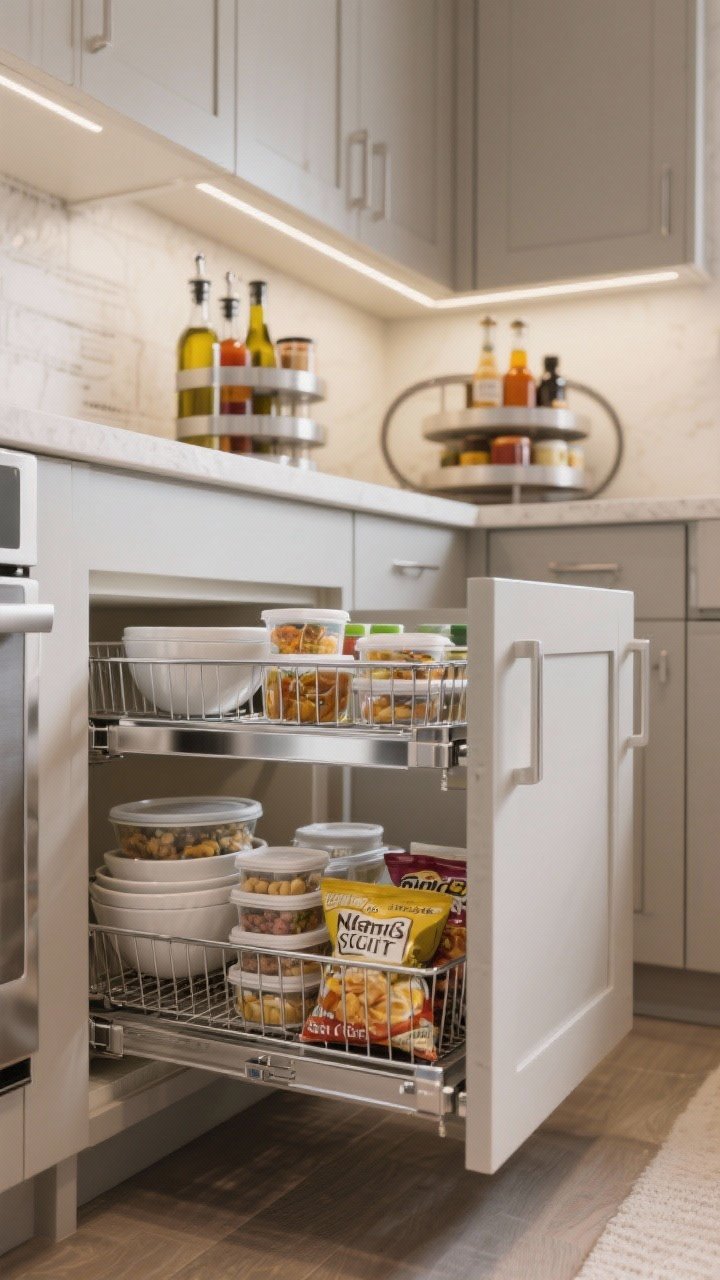 Photorealistic closeup of a deep lower cabinet pulled open: chrome pull-out baskets containing mixing bowls, neatly nested food storage containers, and snack bags; a Lazy Susan in a neighboring corner cabinet with oils, vinegars, and sauces; a tiered organizer at the back for visibility; measure-conscious fit, soft integrated cabinet lighting, crisp modern textures
