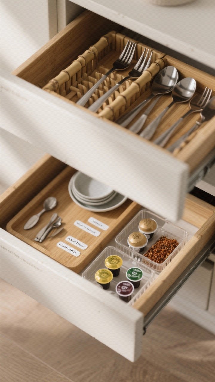 Photorealistic closeup of a “drawer within a drawer,” shot overhead: top layer shows flatware in a bamboo organizer; inner hidden drawer revealed beneath with serving pieces, a shallow spice tray laid flat so labels are readable, and neatly arranged tea and coffee pods by flavor; low-profile sliding trays in clear and bamboo for cohesion; minimal, soft ambient lighting with gentle shadows; small labels on inner layer; no people