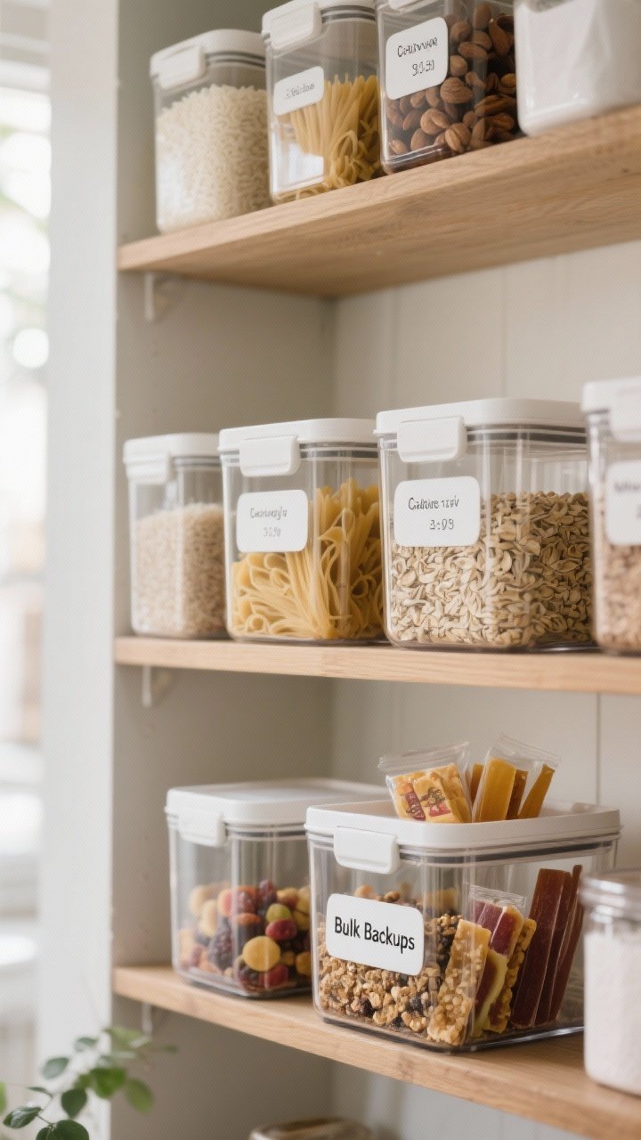 Photorealistic closeup of a neatly arranged pantry shelf with clear, airtight square and rectangular containers decanted with rice, pasta, nuts, oats, and baking staples; removable minimalist white labels show names and cooking times; a grab-and-go snack bin at eye level holds granola bars and fruit leathers; a separate lower bin labeled “Bulk Backups”; soft natural daylight from the left highlights the clarity and crispness; textures of smooth glass, matte white lids, and wood shelving; straight-on angle emphasizing uniform shapes and instant inventory feel.