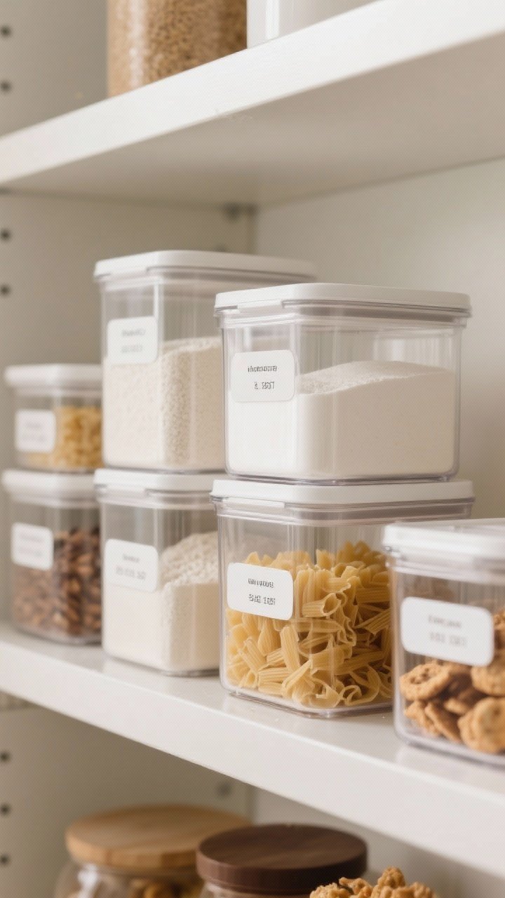 Photorealistic closeup of a pantry shelf featuring a cohesive set of clear, airtight containers in varying heights, neatly decanted with flour, sugar, pasta, and assorted snacks; flat stackable lids create a tidy vertical stack; removable white labels on both the front and bottom display product names and expiration dates; subtle crumbs absent, clean acrylic clarity; soft natural side lighting highlights the transparency and freshness seals; neutral white shelving with a matte texture and a calm, minimal mood.