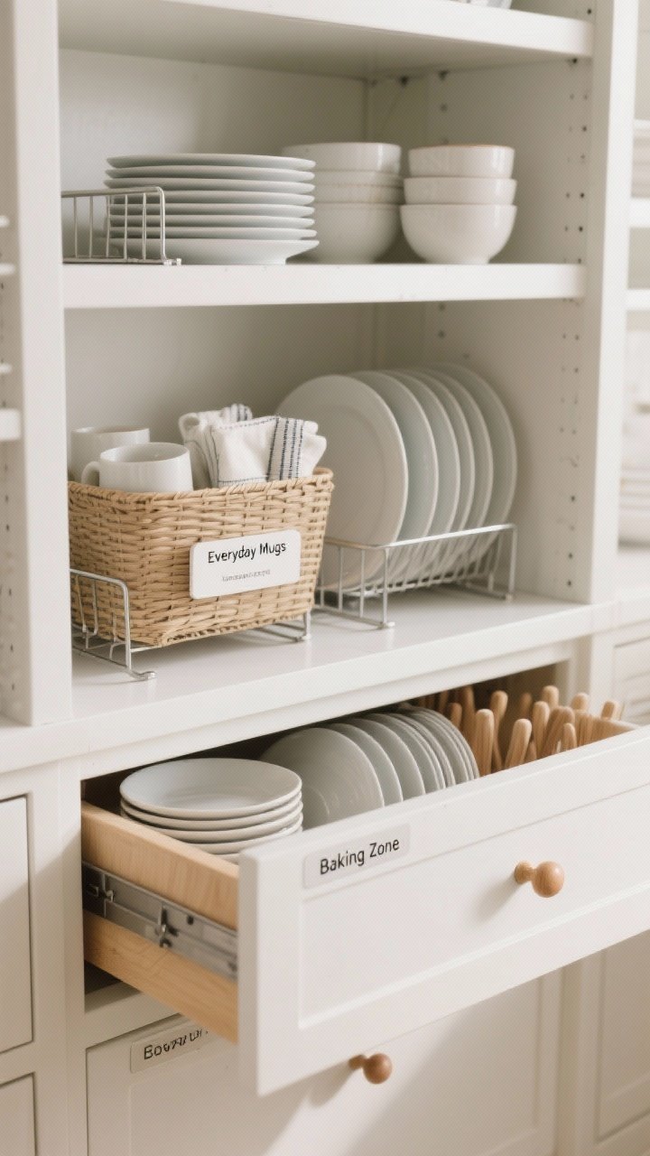 Photorealistic closeup of a pantry shelf section showing layered organization: white shelves with metal risers doubling space for plates and bowls, an under-shelf basket sliding onto an existing shelf to hold wraps and napkins, and a deep drawer below with a wooden peg system keeping dish stacks from sliding; subtle labels like “Everyday Mugs” and “Baking Zone”; soft neutral palette, gentle daylight with minimal shadows.