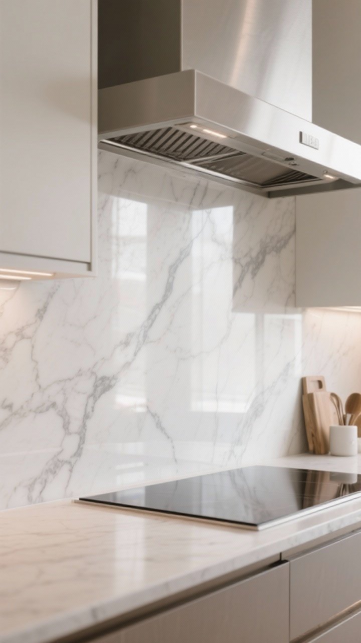 Photorealistic closeup of a seamless full-height quartz slab backsplash running up to the range hood in a modern kitchen, subtle soft gray veining on warm white quartz, color-matched silicone at edges for a nearly invisible seam, light reflecting gently off the smooth nonporous surface, minimal counter items, straight-on view emphasizing one continuous surface and luxe custom look