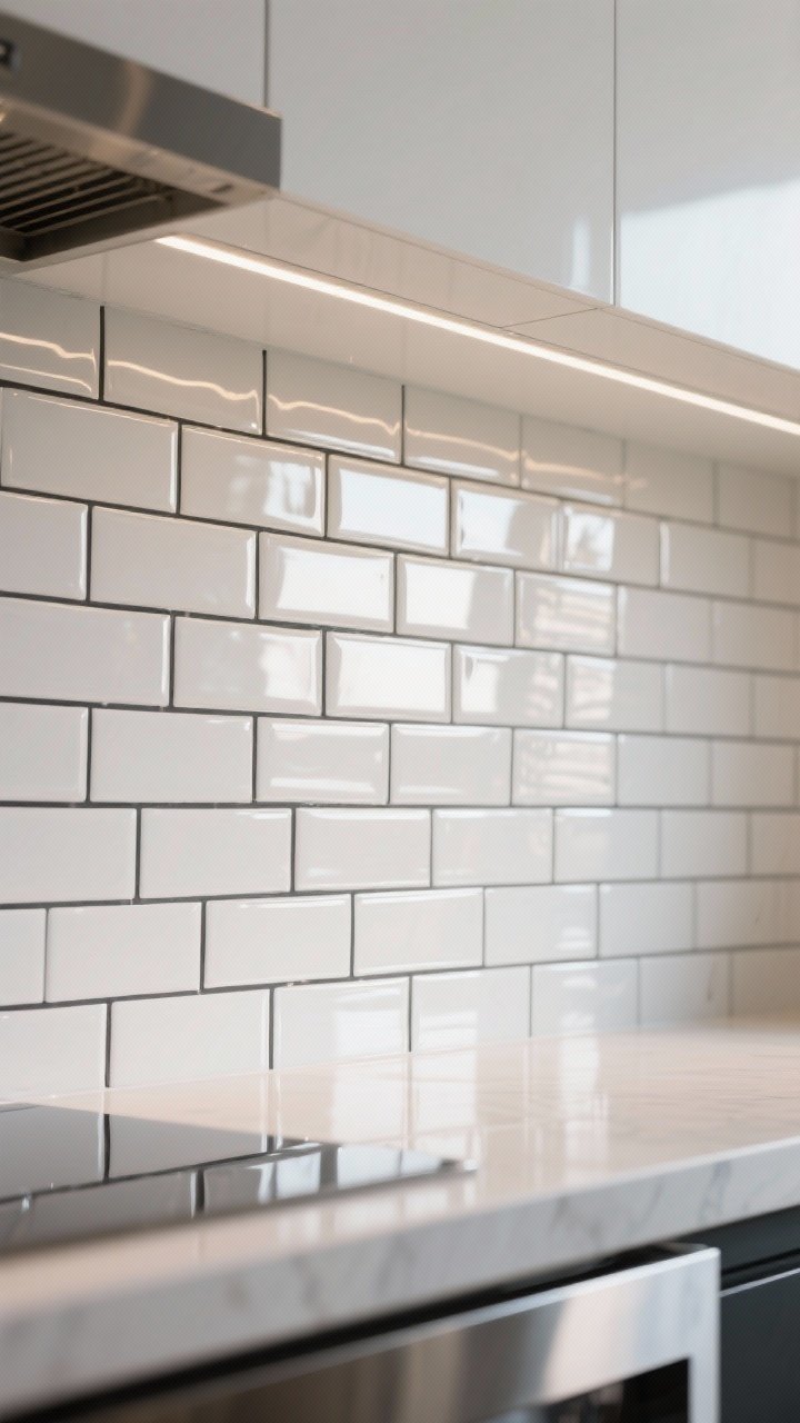Photorealistic closeup of glossy elongated subway tiles in a 2x10 size installed in a vertical stacked layout over a modern kitchen counter; charcoal grout lines create sharp contrast against soft white tiles, with morning light bouncing off the high-gloss surface; include a slim under-cabinet LED strip reflecting on the shiny tiles; mood: bright, clean, luxe; no people, straight-on detail shot.