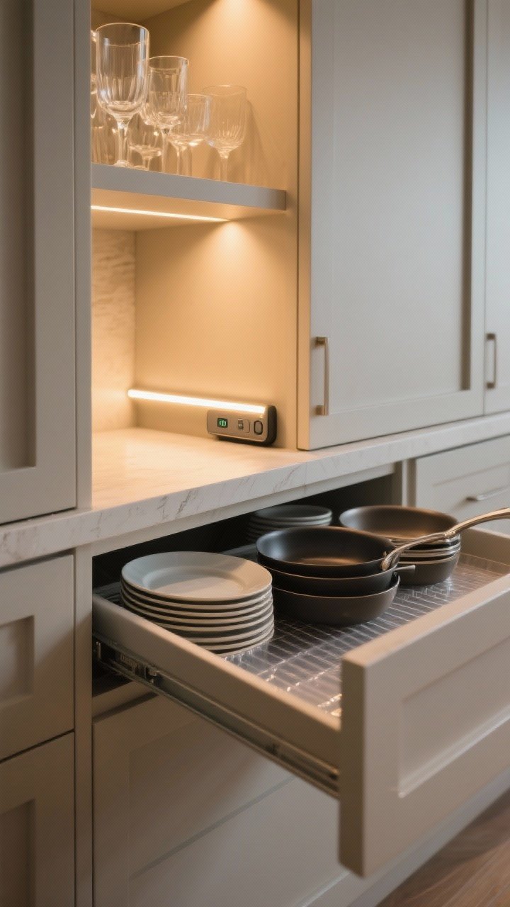 Photorealistic closeup of upgraded cabinet interiors featuring warm 2700–3000K lighting: motion-activated LED strip under a shelf illuminating glassware, with a rechargeable LED bar lighting a deep base cabinet. Thin, clear non-slip drawer liners precisely cut with no curling corners under neatly stacked dishes and pans. Cozy, high-end glow; subtle shadows, neutral tones, refined textures.