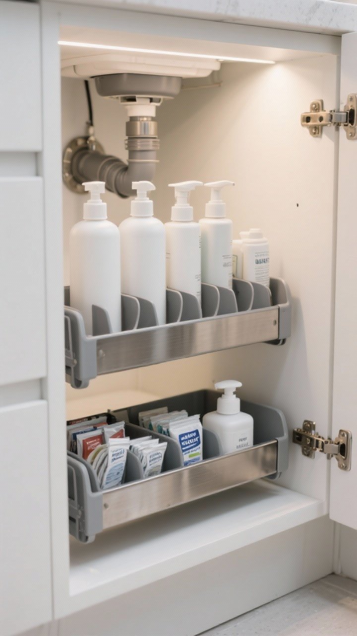 Photorealistic closeup, straight-on view inside an under-sink cabinet featuring a two-tier pull-out organizer fully extended; top tier holds tall spray bottles with adjustable dividers, bottom tier stores dish tabs and backup soap; visible P-trap and compact garbage disposal above with careful clearance; materials are rust-resistant brushed metal and heavy-duty gray plastic; neutral palette with white cabinet interior and soft, diffused task lighting; emphasis on vertical storage and clear visibility of items.