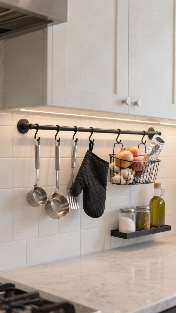 Photorealistic closeup, straight-on view of a discreet rail mounted under a cabinet along the backsplash: matte black rail with S-hooks neatly grouping stainless utensils, measuring cups, and an oven mitt; clip baskets hold garlic bulbs, onions, and a roll of foil, with a tiny shelf for salt, olive oil, and a favorite spice blend; soft task lighting from under-cabinet LEDs, clean grout lines, no clutter on counters
