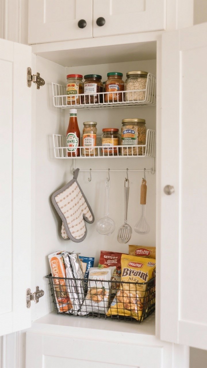 Photorealistic closeup, straight-on view of the inside of a white shaker cabinet door outfitted as a mini pantry: over-the-door wire racks with 2–3 inch-deep shallow shelves holding sauces, spices, and jars; lower wire baskets corralling wraps, foils, and snack packs; small clear command hooks hanging potholders, oven mitts, and measuring spoons; show careful hinge clearance so the door closes, with heavier items placed low for balance; neutral tones with small pops of label color, even soft lighting.