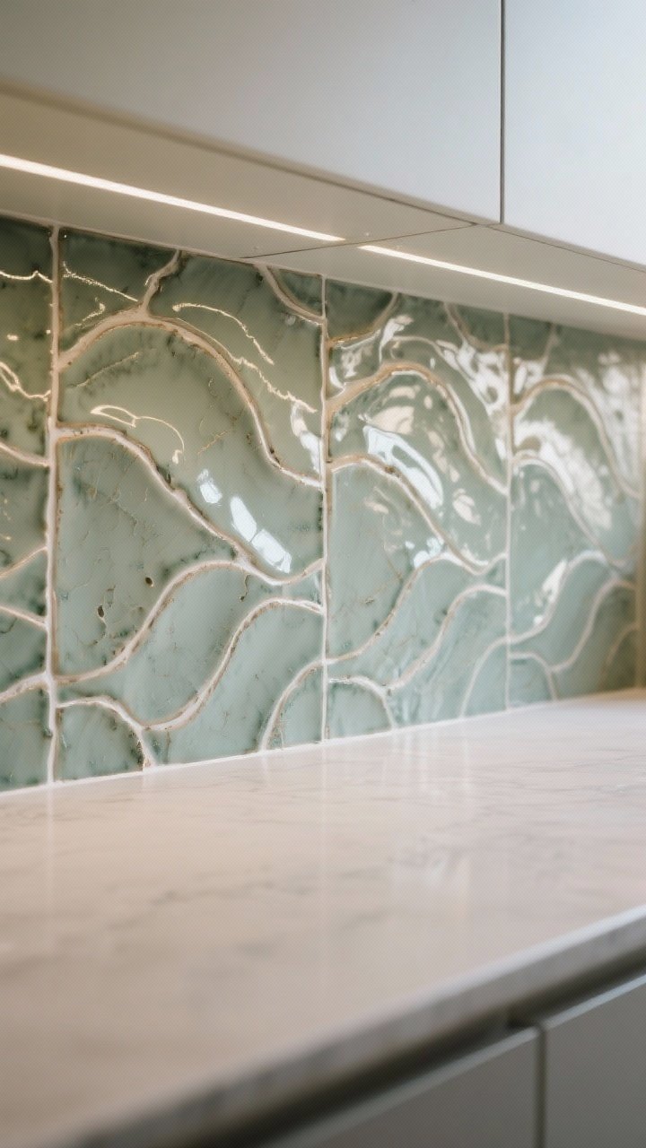 Photorealistic closeup texture shot of faux zellige/glazed ceramic tiles in a desaturated sage tone, showcasing wavy surfaces, tonal variation, and glossy, handcrafted-like imperfections. Tight grout lines with warm white grout keep the look soft and artisanal. Gentle raking light from under-cabinet LEDs bounces off the uneven glaze, highlighting depth and soul; counters kept quiet to let the tile shine.