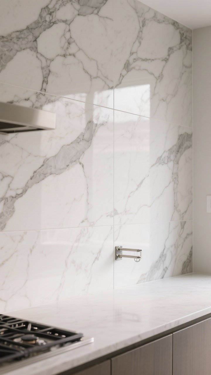 Photorealistic closeup-to-medium shot of large-format porcelain tiles (24x48) with realistic marble veining installed as a slab-look backsplash, ultra-thin matching grout lines made nearly invisible with color-matched grout. Use leveling clips accuracy evidenced by perfectly flush seams. Include a small backsplash return at the end of the counter run for a custom detail. Bright, even lighting reveals the stone pattern continuity and high-end finish.