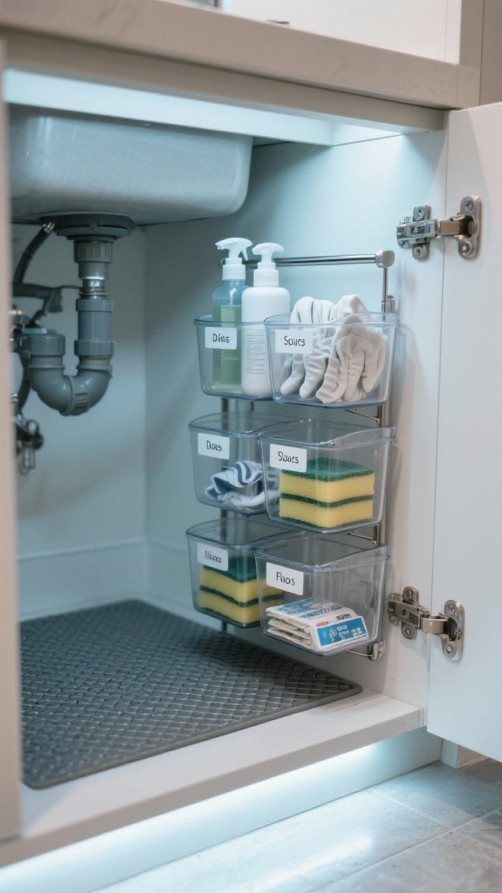 Photorealistic closeup under-sink organization, shot slightly low and straight-on: tiered pull-out caddy navigating around visible plumbing, back-of-door bins holding sponges, gloves, and dish tabs; clear bins grouped by tasks (dish, surfaces, floors) with simple labels; a tension rod suspending spray bottles; a textured waterproof mat lining the cabinet base; clean, practical mood with cool LED task lighting; no people