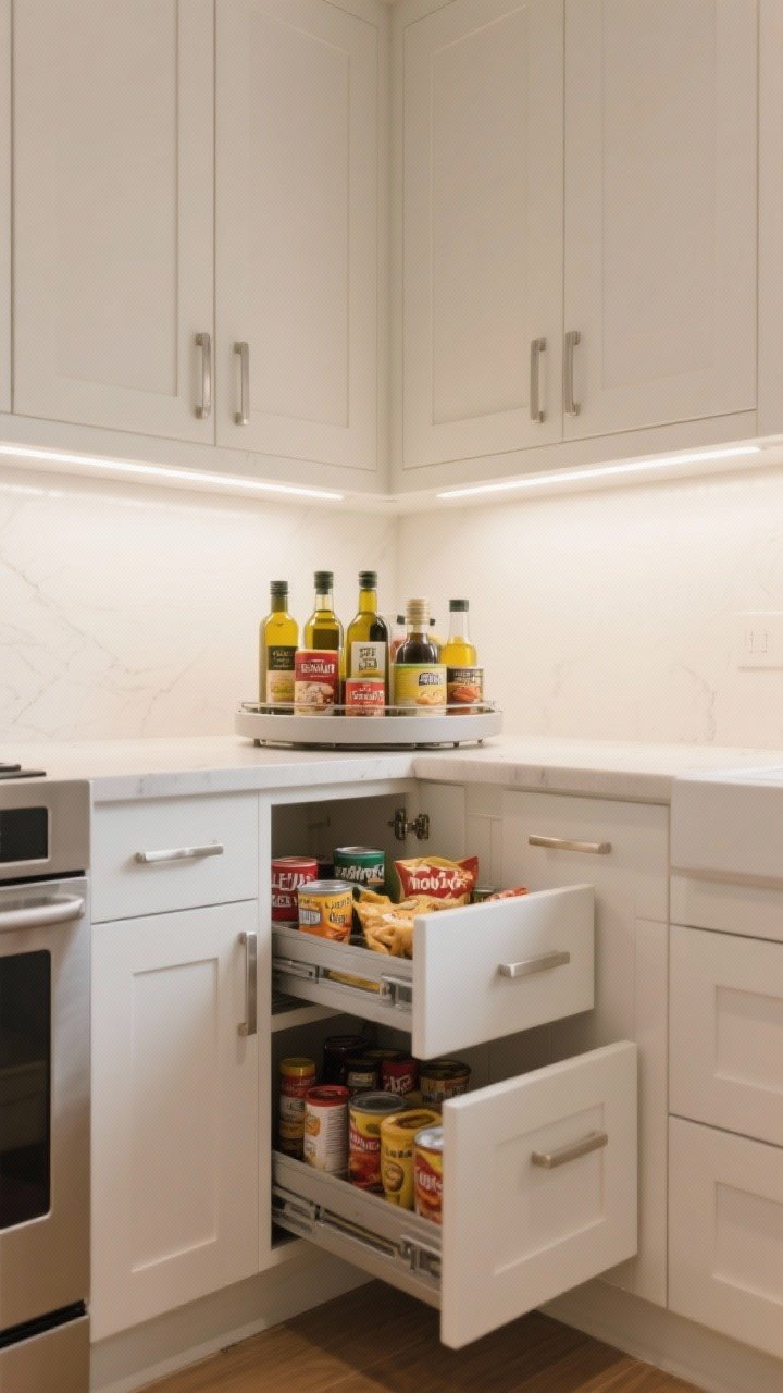 Photorealistic corner-angle medium shot of a kitchen corner cabinet transformed: a two-tier Lazy Susan loaded with oils, canned goods, and snacks; a blind-corner pull-out system partially extended in stages to bring items forward without contortions; optional diagonal drawer stack nearby to suggest a renovation-friendly alternative; warm white cabinetry, brushed stainless handles, bright task lighting under uppers highlighting accessibility.