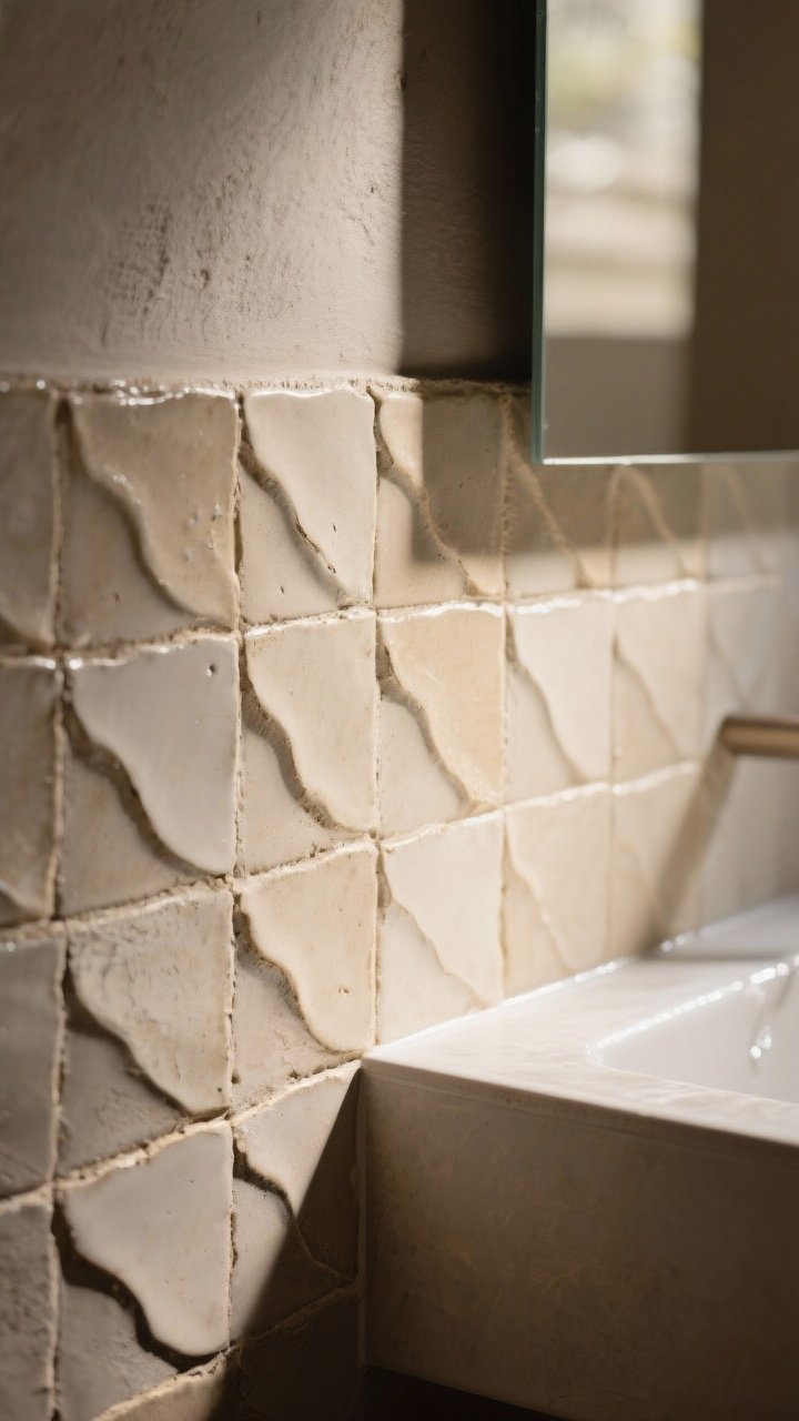 Photorealistic detail closeup of handmade-style zellige tiles in creamy neutral tones; slightly wavy, irregular surfaces catching side light to reveal texture; color-matched grout so the tile texture stands out; subtle variations in tile edges and shade for an artisanal look; a thin line of clear sealant visible near a sink edge hints at splash-zone protection; moody, warm natural light from the left to emphasize depth.