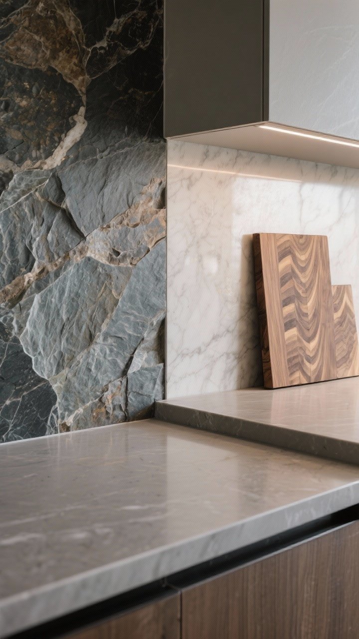 Photorealistic detail closeup of strategic surfaces: a junction where a dramatic honed natural stone slab backsplash meets durable matte quartz counters; to the side, a butcher block insert on the island showing end-grain texture; finishes are honed or leathered to subtly diffuse reflections and hide smudges; soft side lighting to emphasize texture and depth, no people
