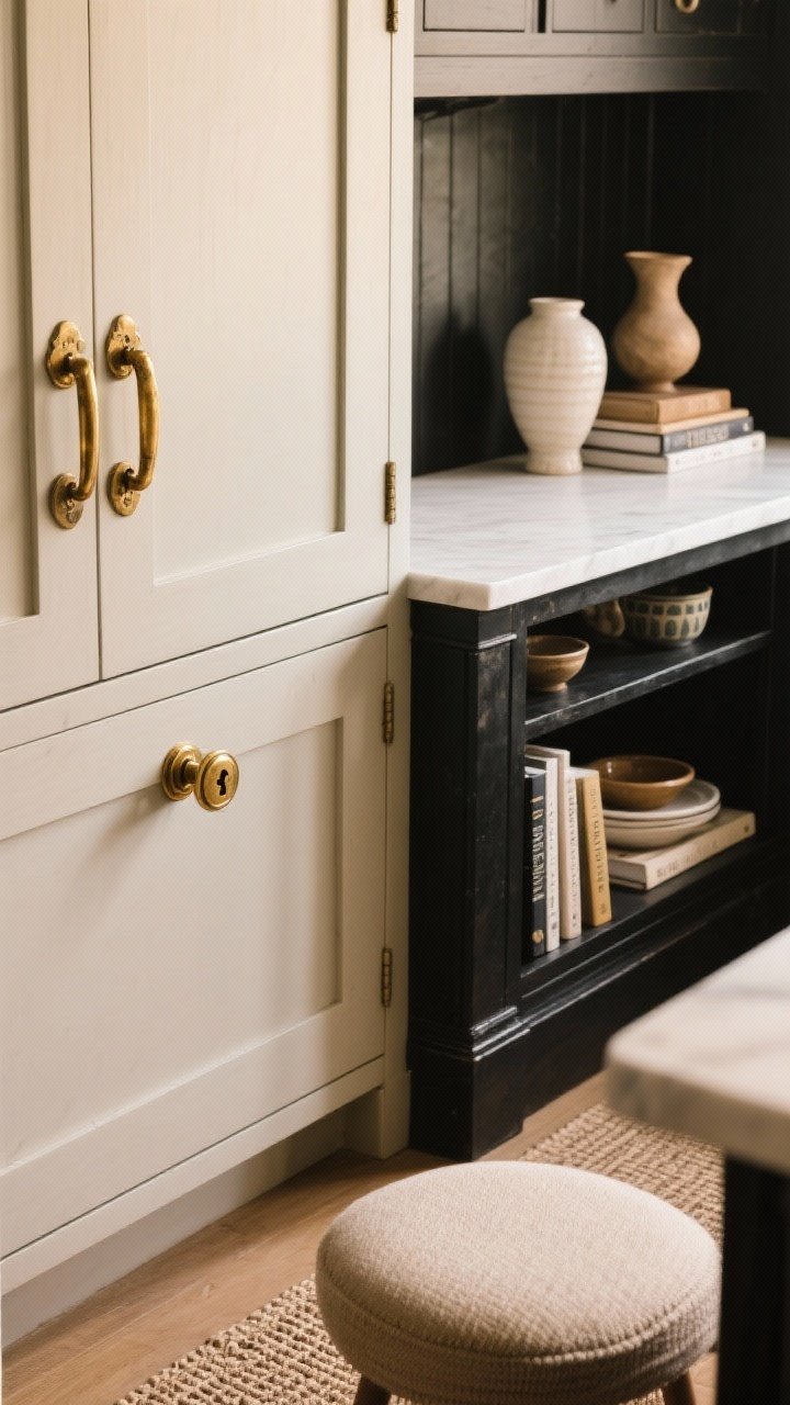 Photorealistic detail closeup vignette of finishes and character: cabinet door corner showing mixed hardware—a solid brass pull on a lower and a matching brass knob on an upper—plus a vintage-style latch on a nearby pantry; blackened steel accent nearby for contrast; edge of an upholstered counter stool in textured linen, a flat-weave runner beneath; a small open shelf with curated ceramics, cookbooks, and one sculptural vase; soft warm light highlighting gentle patina on the brass, no people