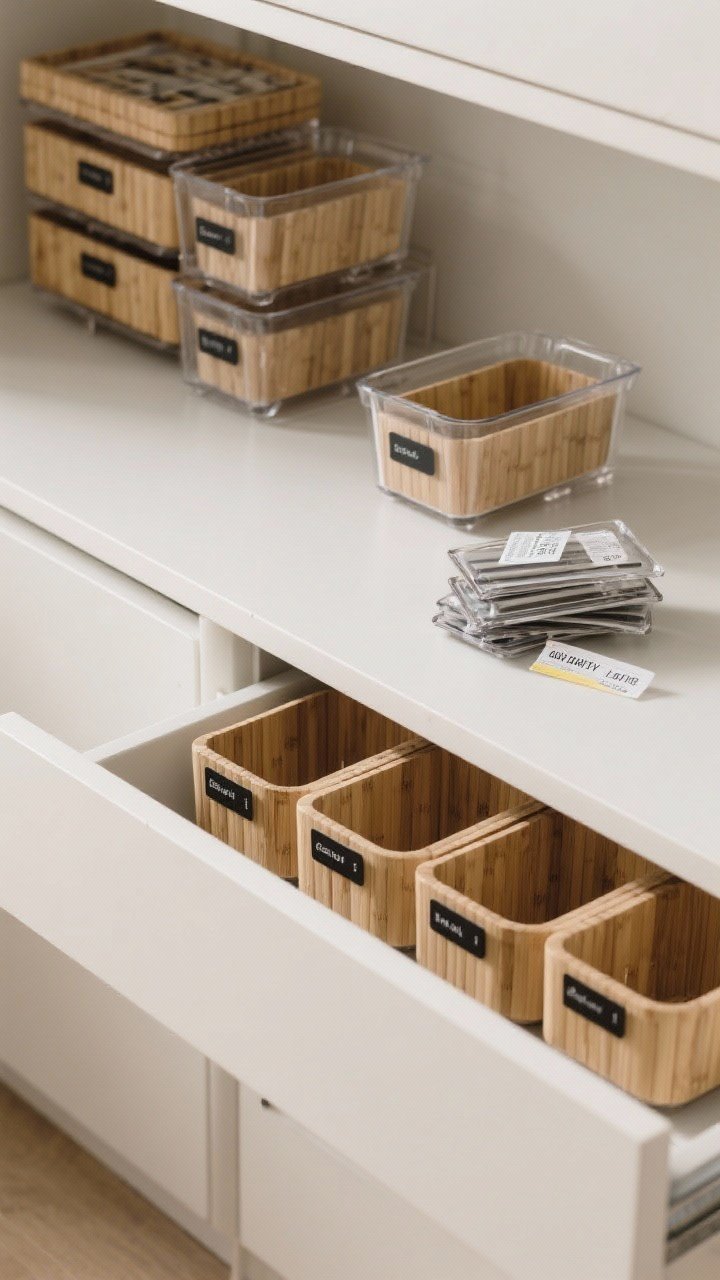 Photorealistic detail shot for the Quick Style + Function Checklist, overhead: a neatly arranged drawer and counter vignette showcasing repeated materials (bamboo organizers, clear acrylic bins, matte black labels) for cohesion; lightly labeled containers (not overly industrial); a small edit pile of duplicates set aside and a dated expiration label on an item to imply quarterly editing; soft, diffuse daylight highlighting textures; minimal and calm mood; no people