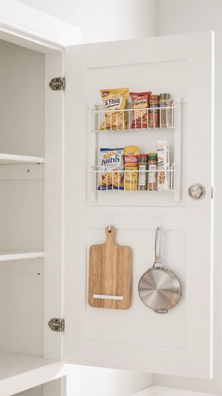 Photorealistic detail shot of the inside of a white pantry door: shallow, 2–3 inch-deep over-the-door racks storing snack packets and wraps, a slim spice rack that clears the interior shelves when closed, and adhesive organizers holding a cutting board and pot lids; test-fit spacing visible, satin nickel hardware, neutral tones, bright even daylight