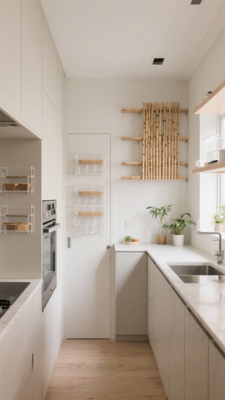Photorealistic editorial-style wide shot for conclusion: an airy, efficient small kitchen showcasing walls with vertical storage, door-back organizers, slide-outs peeking from cabinets, and defined zones; minimal clutter, neutral palette with bamboo and clear acrylic accents, 30% counter occupancy, subtle plant decor; soft natural light creating a tidy, Instagrammable mood that highlights the overall system working together without people present