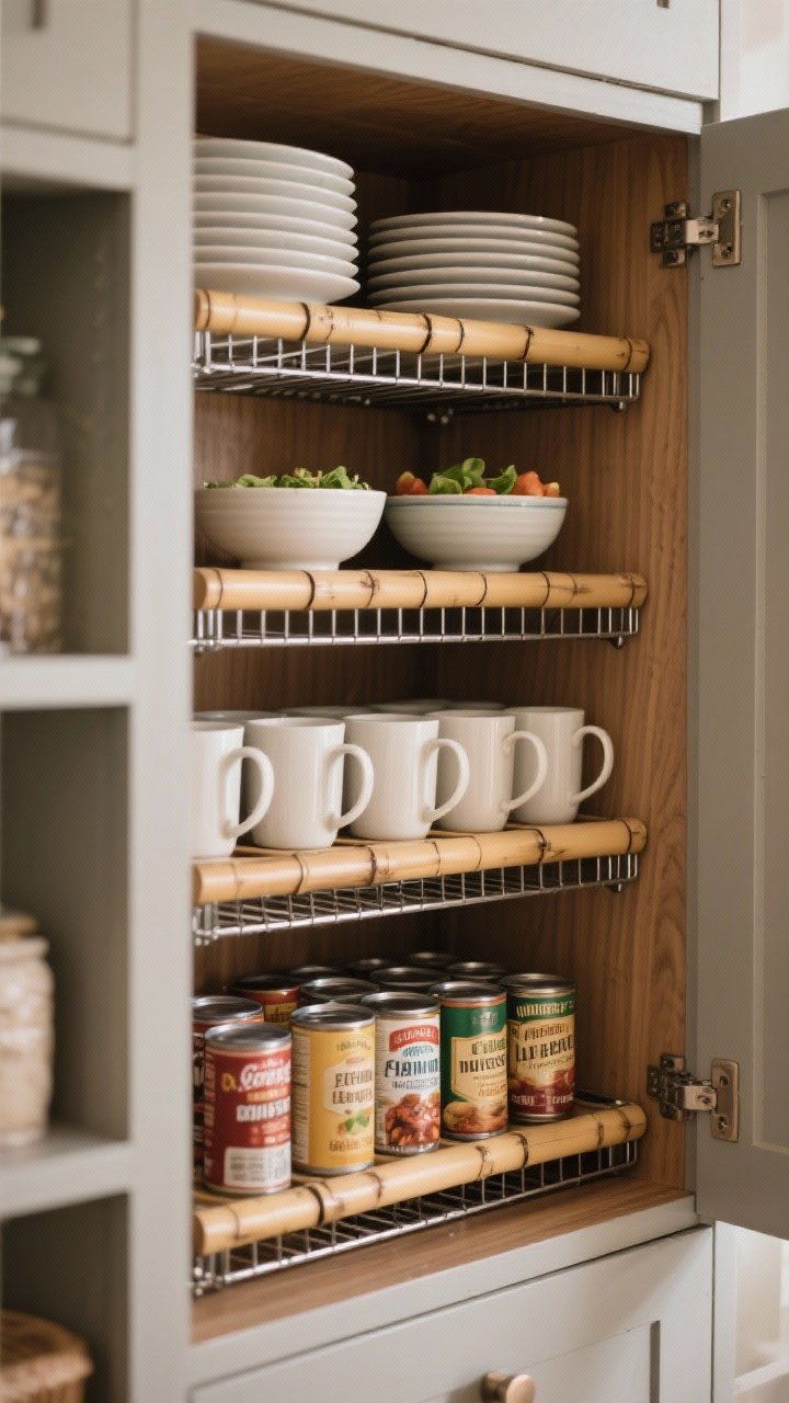 Photorealistic medium cabinet interior shot: metal and bamboo shelf risers doubling space—mugs lined under a riser, bowls above; separate stacks for dinner plates and salad plates on another riser; pantry-style tier created for canned goods so labels are visible; cohesive matching risers, warm wood grain, soft diffused lighting for a tidy, intentional feel