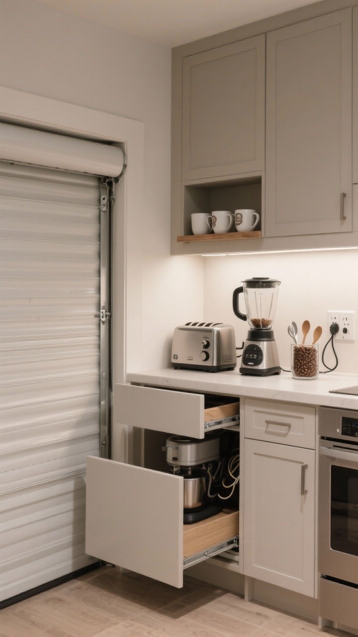Photorealistic medium corner shot of an appliance zone: an appliance garage with a roll-up door revealing a toaster, blender, and coffee gear near outlets, a pull-out shelf with a stand mixer partially extended, a lift-up mixer shelf in motion, and a tidy coffee station with mugs on a small shelf, beans in an airtight canister, and spoons in a cup; cable clips managing cords, calm neutral cabinetry, soft task lighting.