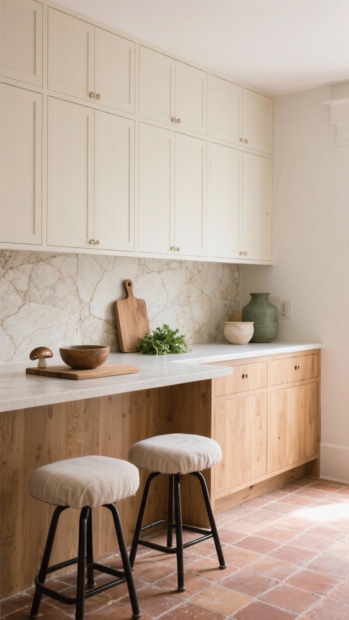 Photorealistic medium shot capturing warm minimalism: flat-front oak lower cabinets and thin-shaker painted uppers in bone, travertine slab backsplash, clay tile floor, and linen-upholstered stools with black metal accents; muted palette of bone, mushroom, and sage accessories; counters styled sparingly with a wood board, a ceramic bowl, and fresh herbs; calm natural daylight, no people