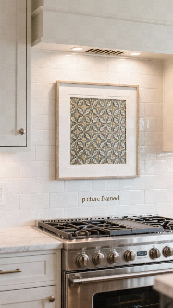 Photorealistic medium shot focused on a “picture-framed” feature panel behind a stainless range: a bolder patterned mosaic inset is surrounded by white field tile and finished with slim pencil trim/Schluter edging; the surrounding backsplash remains neutral to let the inset sing; gentle task lighting over the range enhances the focal point; restrained counters and classic shaker cabinets