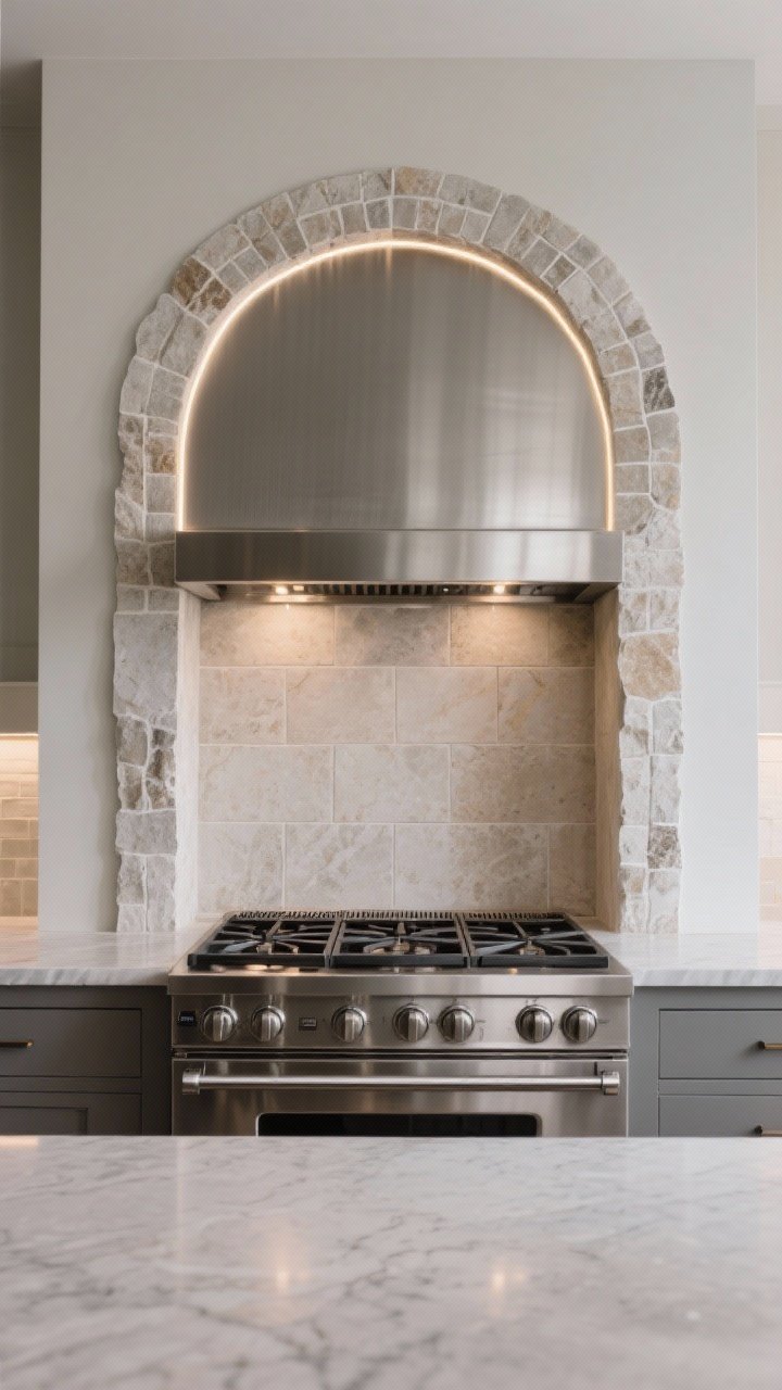 Photorealistic medium shot focused on a statement range niche: an inset slab panel framed within the backsplash behind a pro-style range, with a slight arch at the top; optional decorative tile border or brushed metal panel inside the niche; same stone as the countertop for a clean, cohesive look; subtle LED strip backlighting under the hood casting a gentle nighttime-ready glow; stainless range and simple surrounding tile; straight-on view centering the stove as the star.