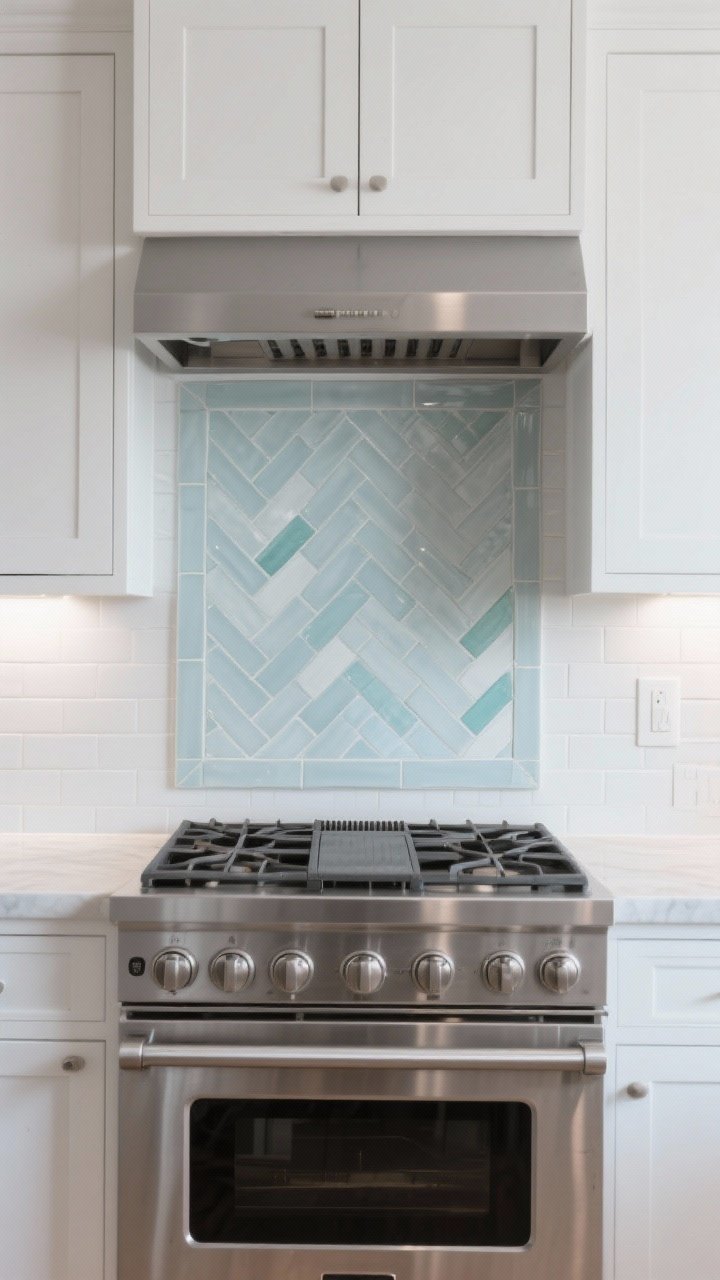 Photorealistic medium shot focusing on a herringbone tile panel framed behind the range, surrounded by simple field tile elsewhere; white shaker cabinets, pale gray ceramic tiles in herringbone pattern with matching grout for a calm tailored vibe; satin or matte finish tiles to reduce glare under strong under-cabinet lights; optional whisper of soft blue/green in a few tiles for subtle color; stainless range and hood; straight-on composition centered on the feature panel; no people.