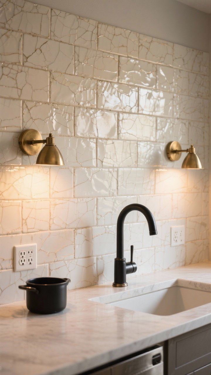Photorealistic medium shot focusing on a neutral, textured tile backsplash—crackle-glaze ceramic squares in warm bone—serving as a canvas for mixed metals. Include brushed brass sconces washing light over the texture, a matte black pot filler, and nickel outlet covers. Keep to two-to-three metals total, with warm white tile tone. Evening ambient light plus sconce glow emphasizes surface texture without harsh reflections.
